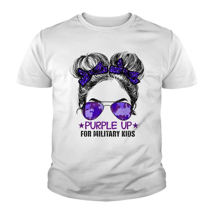 Purple Up For Military Kids - Cute Messy Bun Military Kids  Youth T-shirt