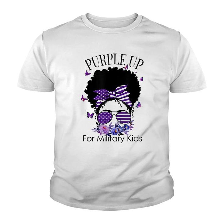 Purple Up For Military Kids Messy Bun Floral Butterfly  Youth T-shirt