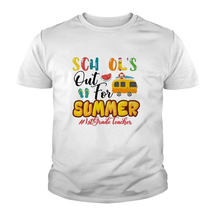Schools Out For Summer 1St Grade Teacher Beach Vacation Van Car And Flip-Flops Youth T-shirt