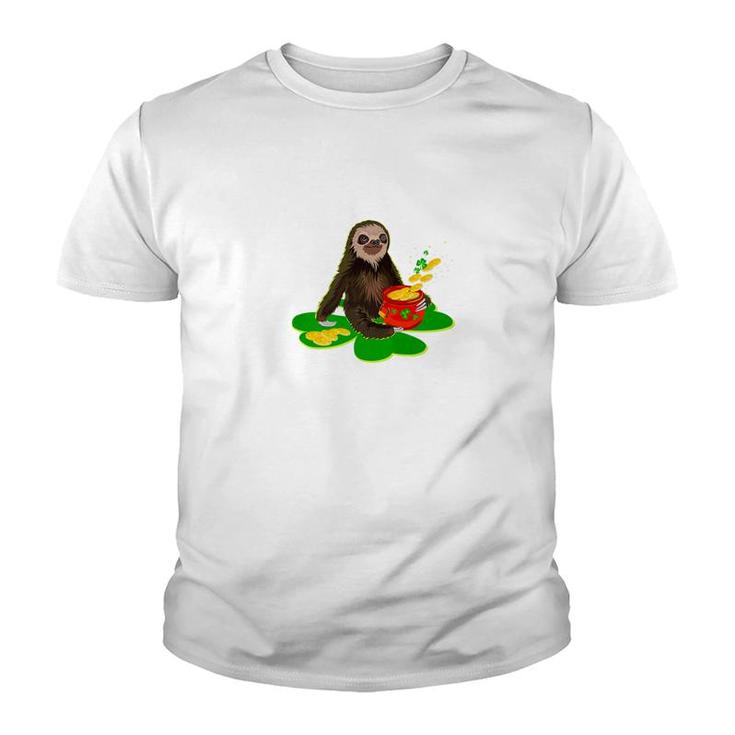 Sloth On Shamrock With St Patrick Day Coin Pot Gift Youth T-shirt