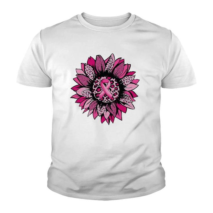 Sunflower Pink Leopard Breast Cancer Awareness Month Warrior Youth T-shirt