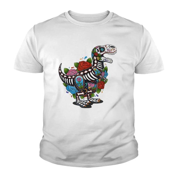 T Rex Dino Sugar Skull Mexico Calavera Dia De Los Muertos  Youth T-shirt