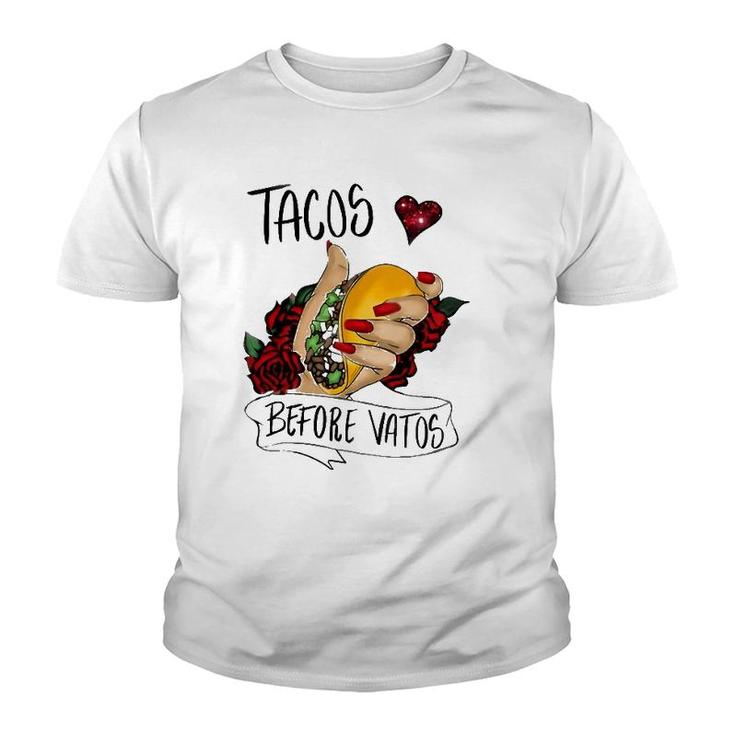 Tacos Before Vatos Funny Valentines Day Men Women Youth T-shirt