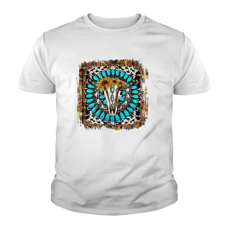 Western Boho Leopard Turquoise Cow Bull Skull Rodeo Girl Mom  Youth T-shirt