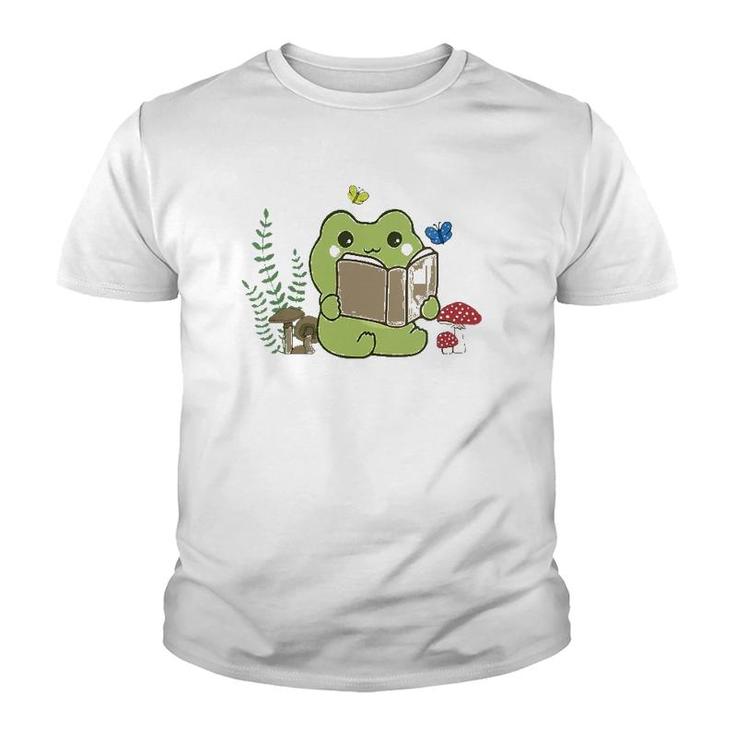 Womens Cute Frog Reading A Book On Mushroom Cottagecore Aesthetic V-Neck Youth T-shirt
