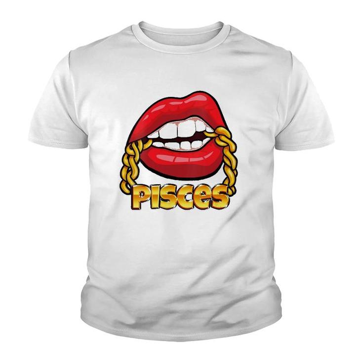 Womens Juicy Lips Gold Chain Pisces Zodiac Sign V-Neck Youth T-shirt