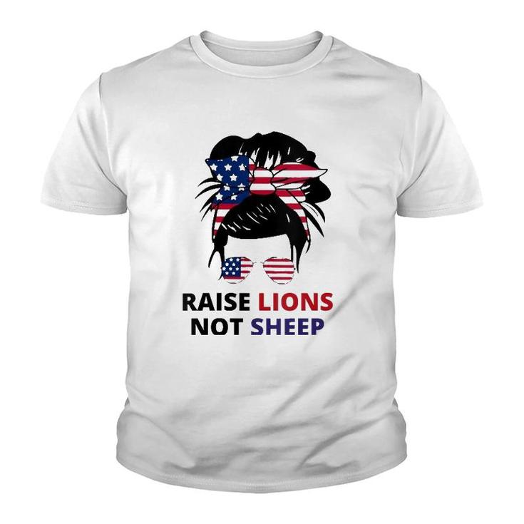 Womens Raise Lions Not Sheep American Flag Sunglasses Messy Bun V-Neck Youth T-shirt