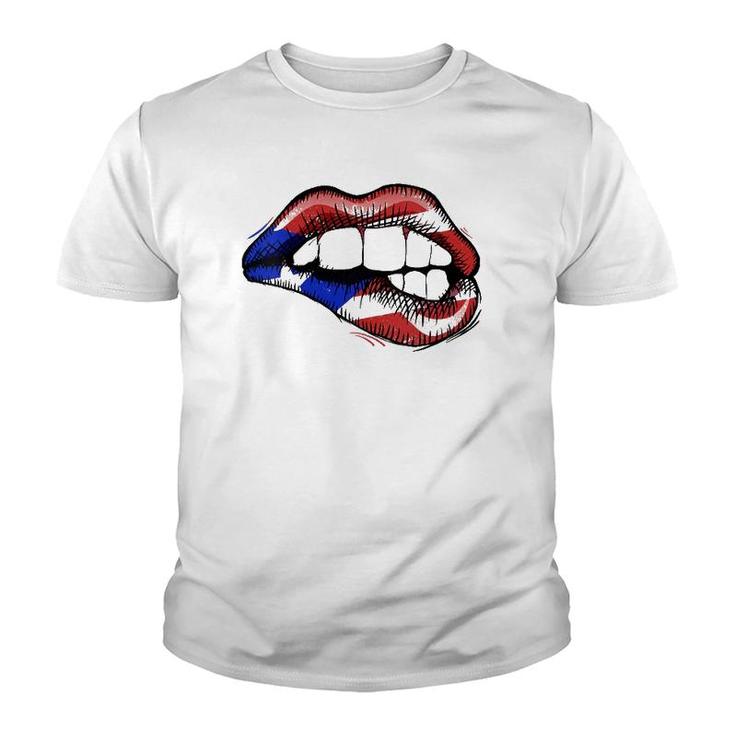 Womens Sexy Biting Lips Puerto Rico Flag V-Neck Youth T-shirt