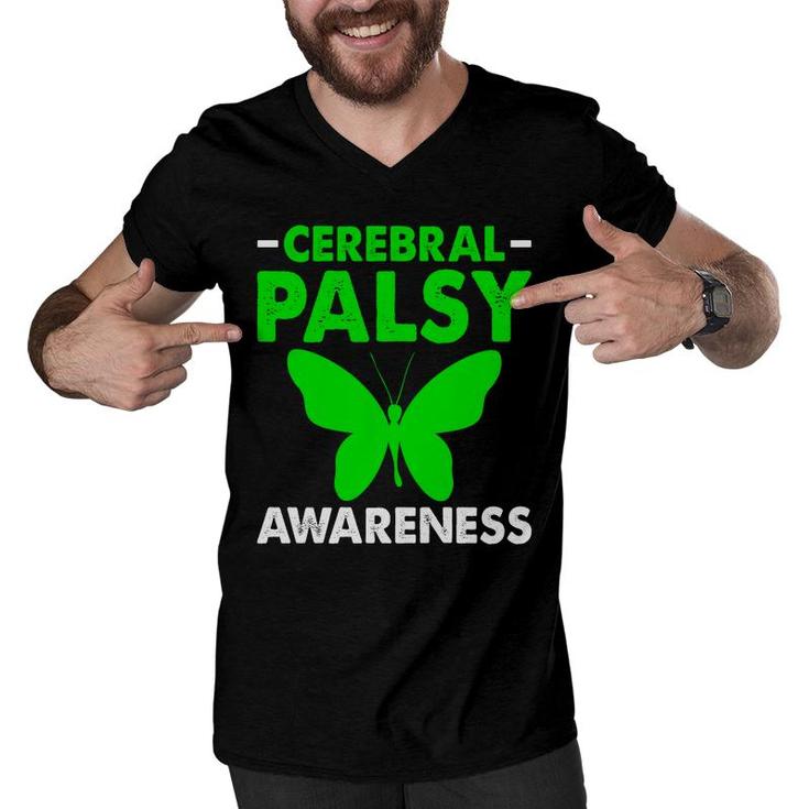 Cerebral Palsy Awareness Palsy Related Green Ribbon Butterfly Men V-Neck Tshirt
