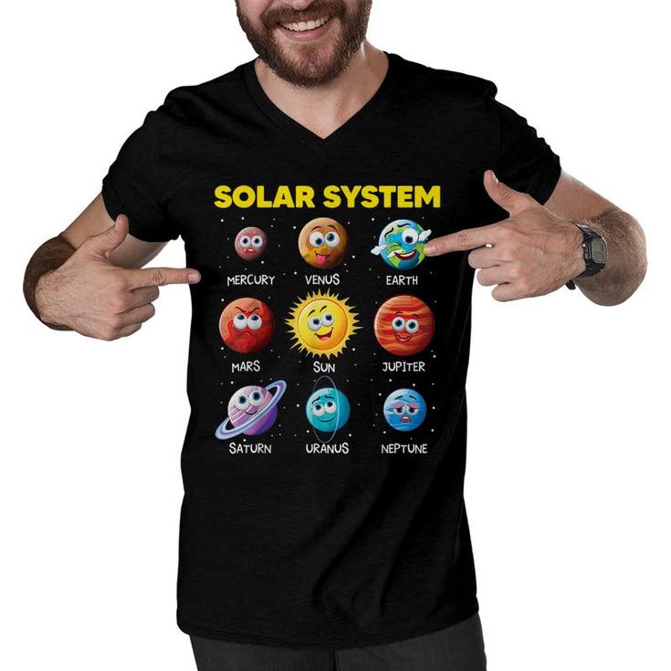 Cute Solar System Funny Planet Faces Space Science Boy Girl  Men V-Neck Tshirt