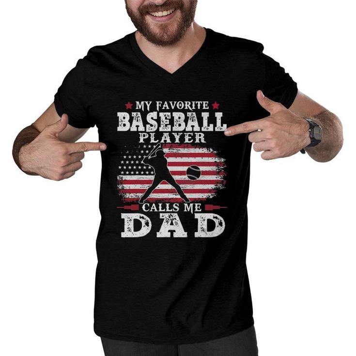 Favorite Baseball Player Calls Me Dad Usa Flag Fathers Day Men V-Neck Tshirt