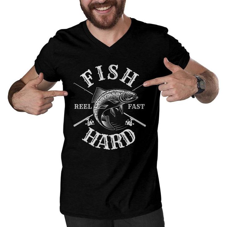 Fish Hard Fishingdad Papa Grandpa Fish Gift Men V-Neck Tshirt