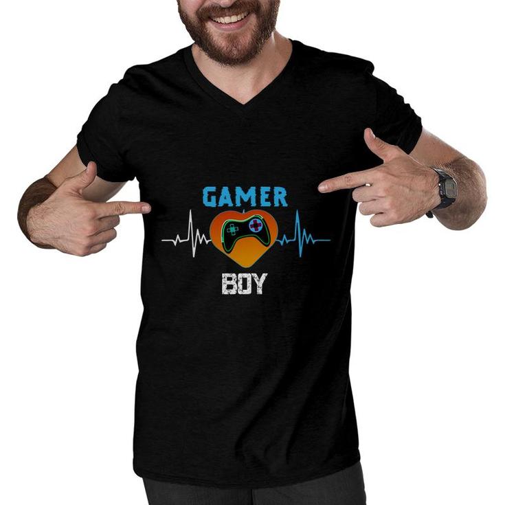 Gamer Boy Heartbeat Birthday Boy Matching Video Gamer Design Men V-Neck Tshirt