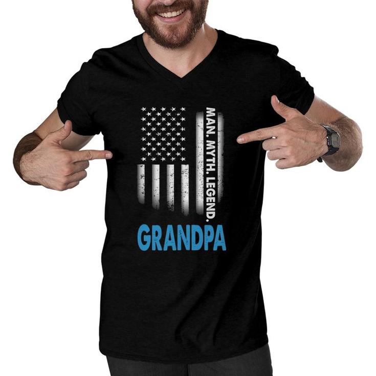 Grandpa The Man The Myth The Legend Us Flag Fathers Day Men V-Neck Tshirt