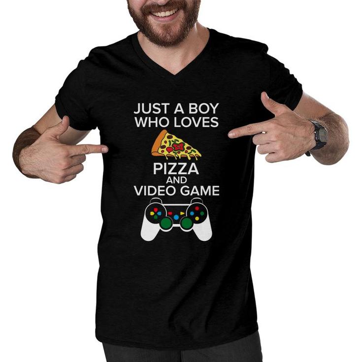 Just A Boy Who Loves Pizza And Birthday Boy Matching Video Gamer Men V-Neck Tshirt