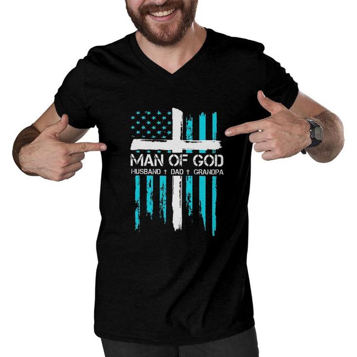 Man Of God Husband Dad Grandpa American Flag Pride Men V-Neck Tshirt