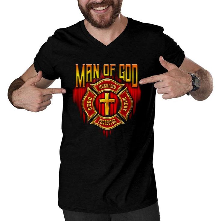 Man Of God Husband Hero Daddy Protector Cross Version Men V-Neck Tshirt