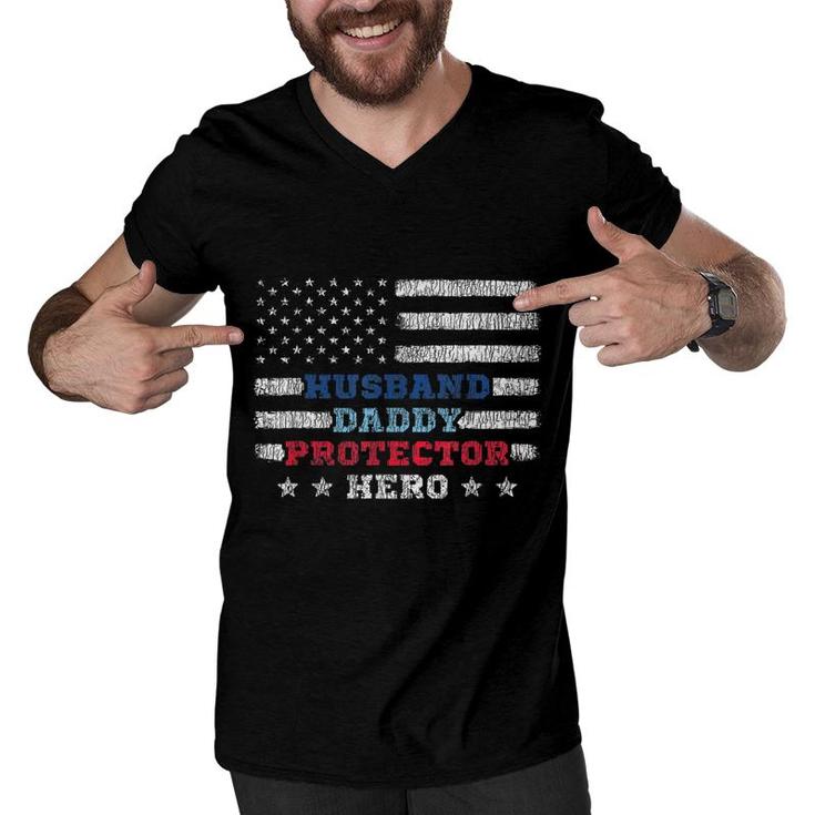 Mens Husband Daddy Protector Hero Fathers Day Flag 4Th Of J  Men V-Neck Tshirt