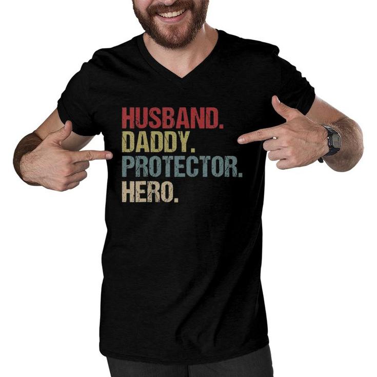 Mens Husband Daddy Protector Hero Gift For Men Dad Father Men V-Neck Tshirt