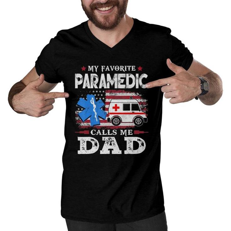 Mens My Favorite Paramedic Calls Me Dad Usa Flag Dad Father Gift Men V-Neck Tshirt