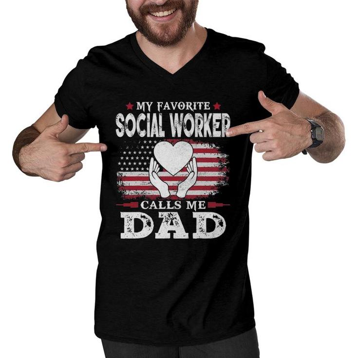 Mens My Favorite Social Worker Calls Me Dad Usa Flag Dad Father Men V-Neck Tshirt