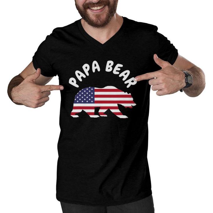 Mens Papa Bear Fathers Day Usa American Flag 4Th Of July Men V-Neck Tshirt