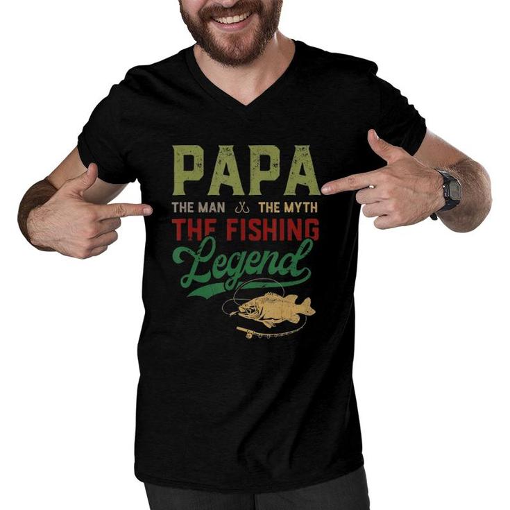 Mens Papa Man Myth Fishing Legend Funny Fishing Men Fathers Day Men V-Neck Tshirt
