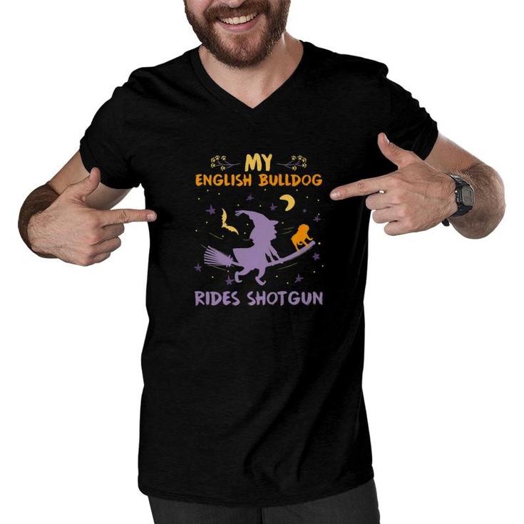 My English Bulldog Rides Shotgun Shirt Halloween Dog Mom Dad Men V-Neck Tshirt