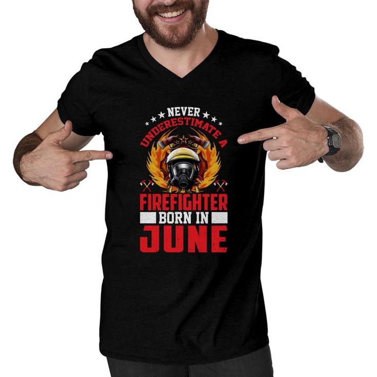 Never Underestimate A Firefighter Born In June Men V-Neck Tshirt
