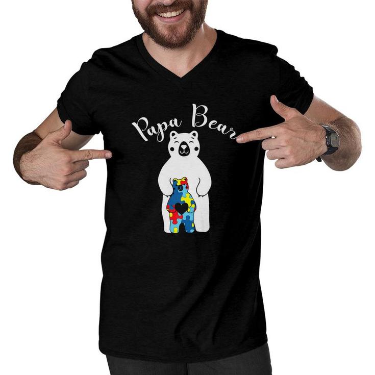 Papa Bear Autism Awareness Gift For Dad Father Men V-Neck Tshirt