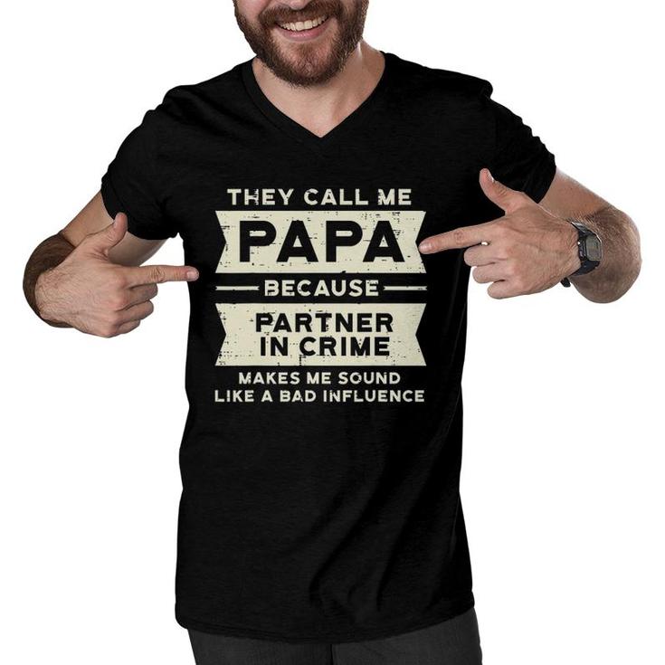 Papa Partner In Crime Bad Influence Funny Fathers Day Dad Men V-Neck Tshirt