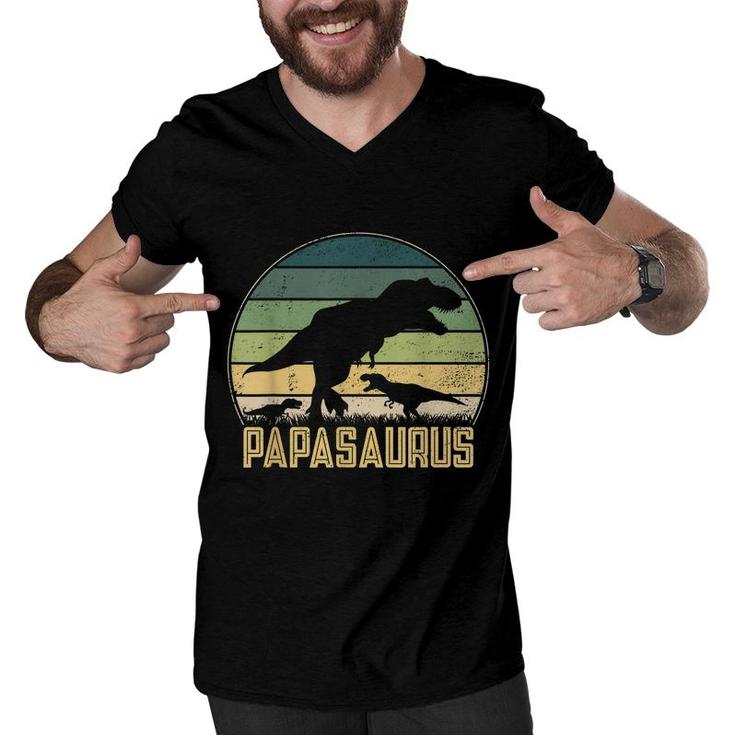 Papasaurus 2 Kids Vintage Retro Sunset Funny Dad Dinosaur  Men V-Neck Tshirt