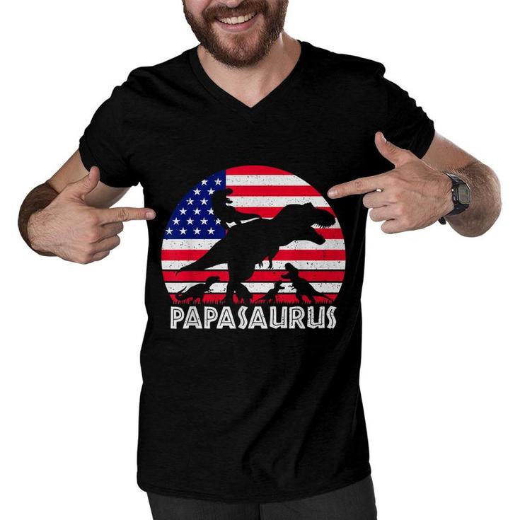 Papasaurus Rex Dad Of 4 Patriotic Usa Dinosaur Father   Men V-Neck Tshirt