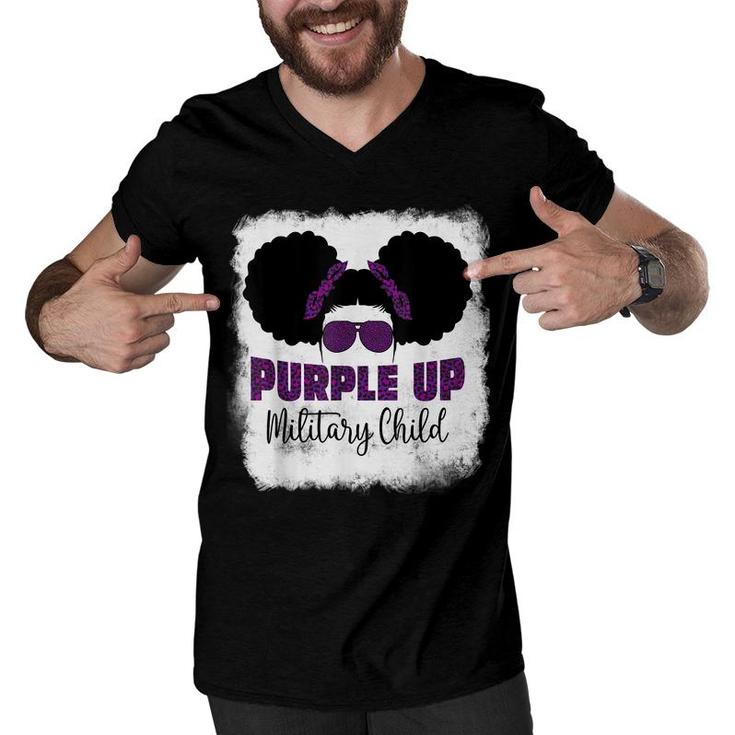 Purple Up For Kids Military Child Month Messy Bun Bleached  Men V-Neck Tshirt
