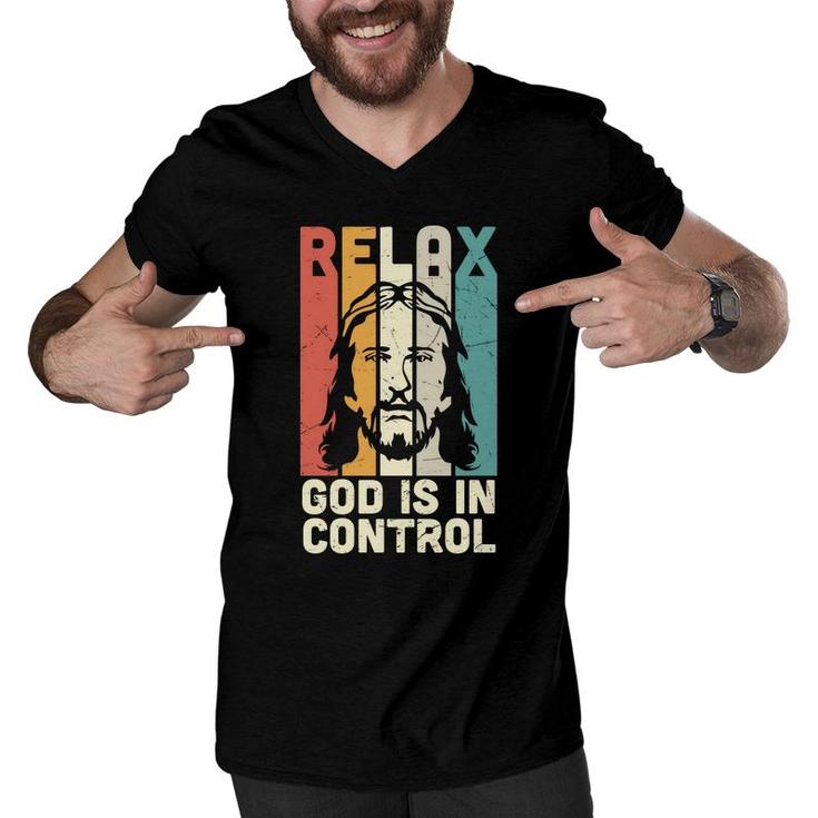 Relax God Is In Control Retro Bible Verse Graphic Christian Men V-Neck Tshirt