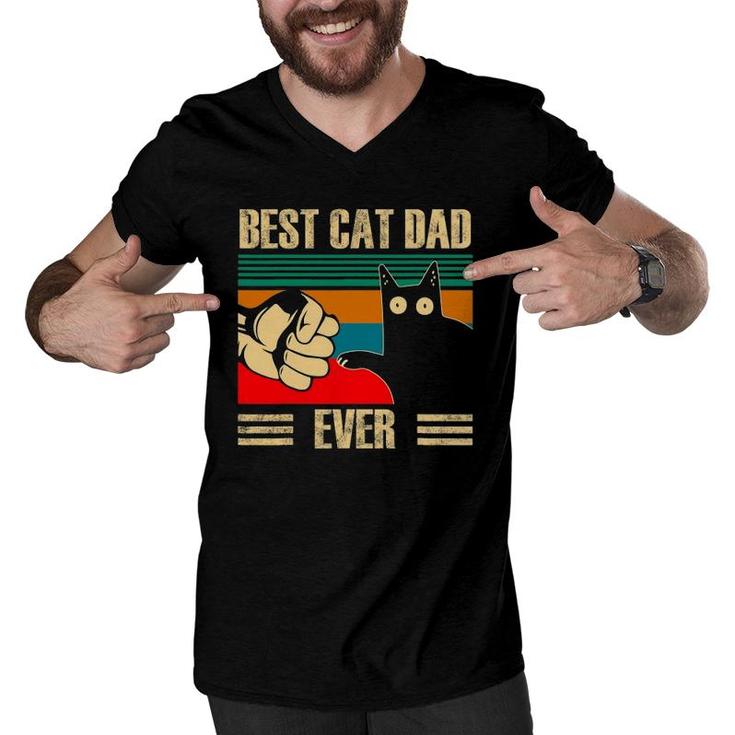 Retro Vintage Best Cat Dad Ever Funny Black Cat Fist Pump Men V-Neck Tshirt