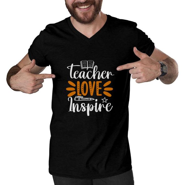 Teacher Love Inspire Graphic Orange White Men V-Neck Tshirt