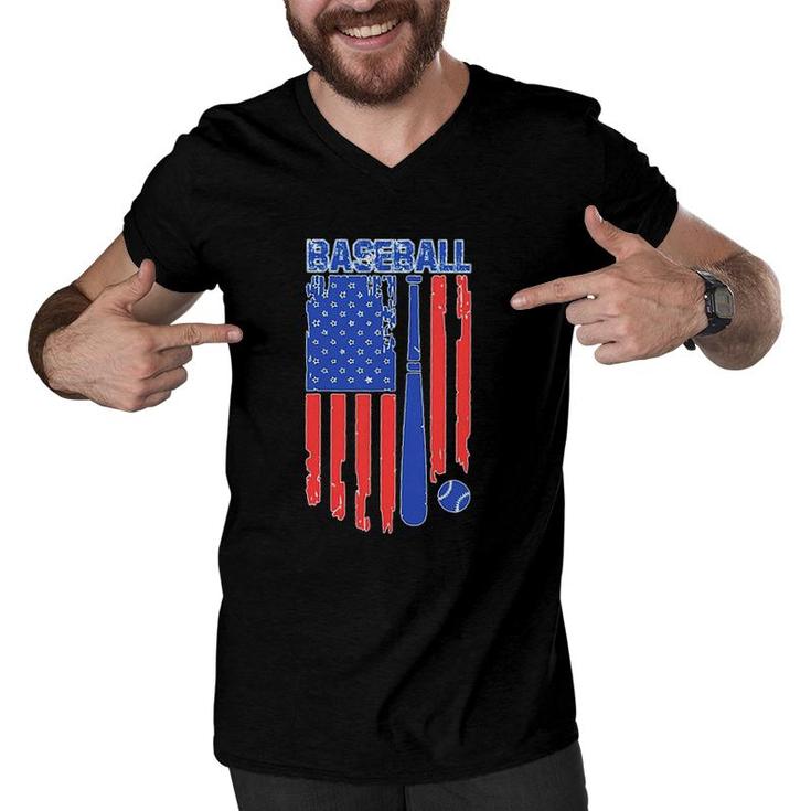 Vintage Cool Baseball American Flag Print Men V-Neck Tshirt