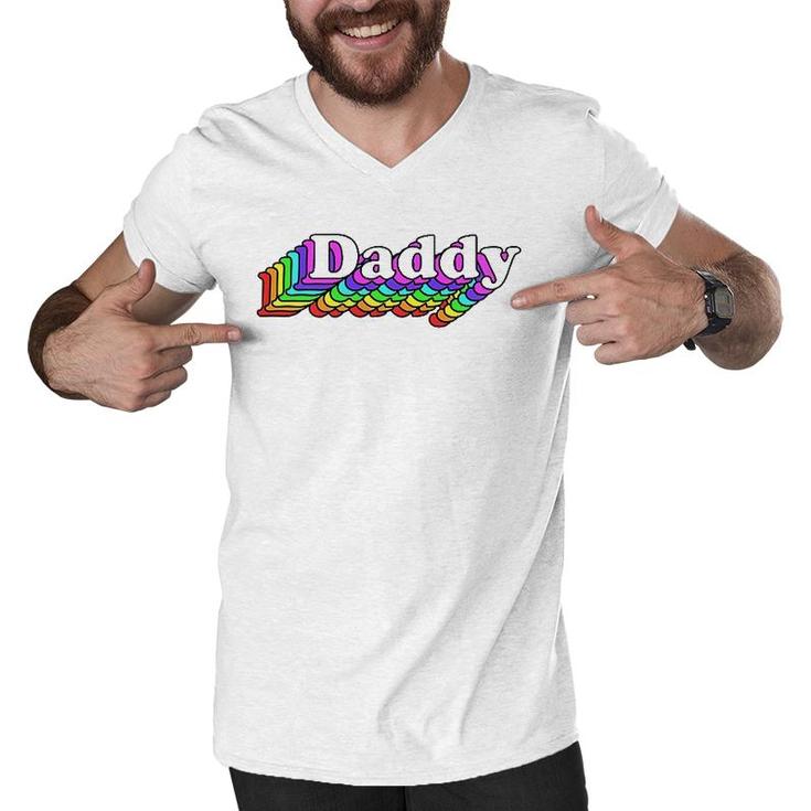 Gay Daddy Bear Retro Style Lgbt Rainbow Lgbtq Pride Daddy  Men V-Neck Tshirt
