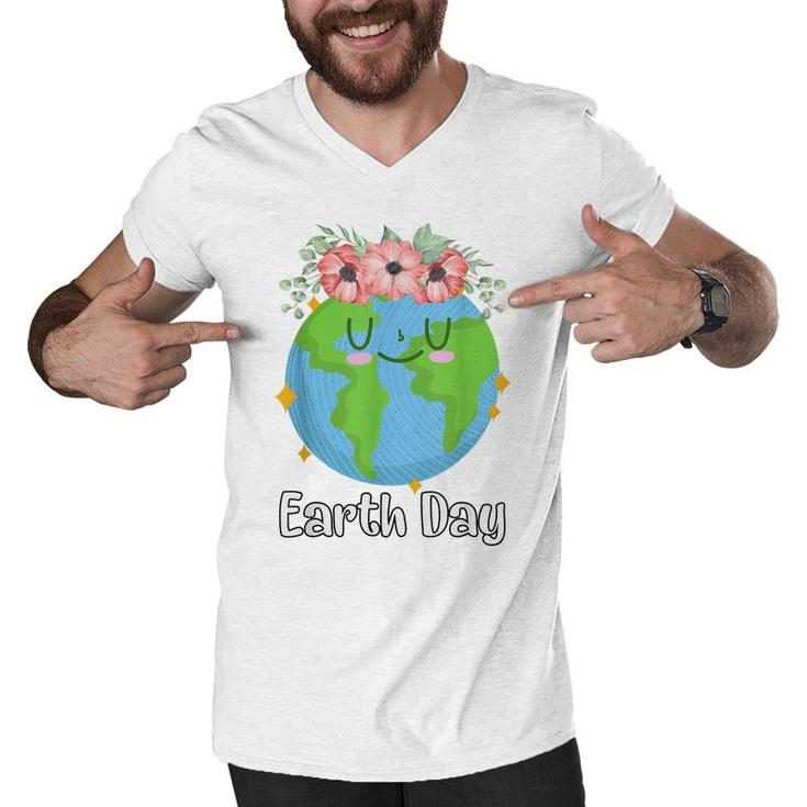 Happy Earth Day Cute Earth Smiles With Floral Earth Day 2022  Men V-Neck Tshirt