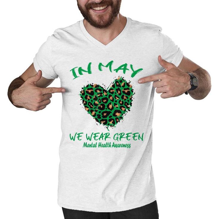 Leopard Heart In May We Wear Green Mental Health Awareness  Men V-Neck Tshirt