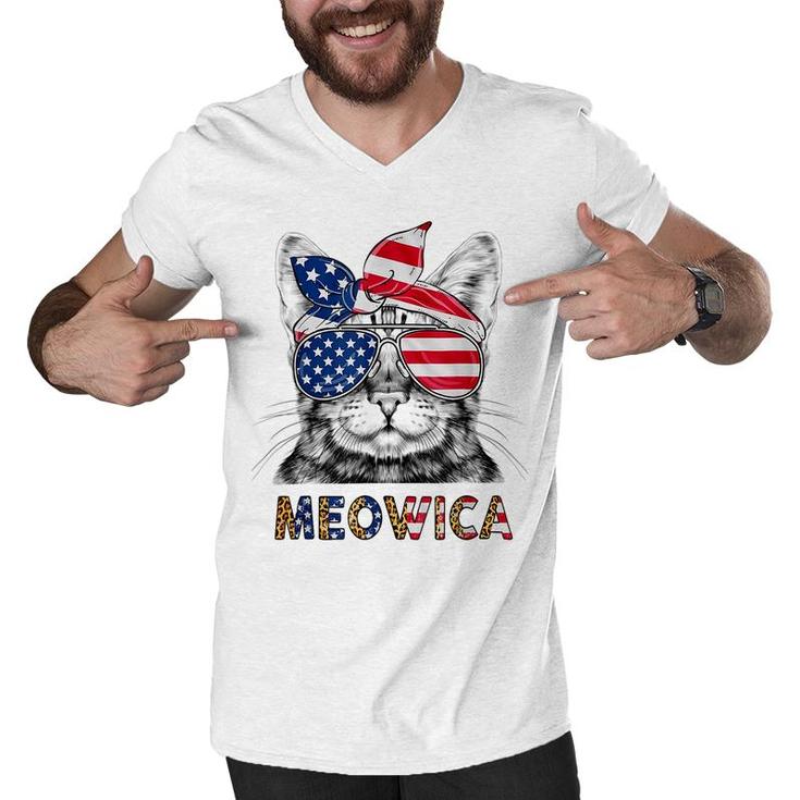 Meowica Cat Leopard Usa Flag Sunglasses Bandana 4Th Of July  Men V-Neck Tshirt