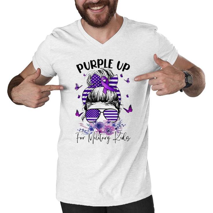 Purple Up For Military Kids Child Month Messy Bun Floral  Men V-Neck Tshirt