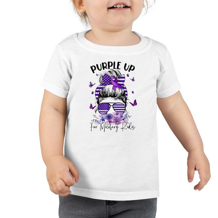 Purple Up For Military Kids Child Month Messy Bun Floral  Toddler Tshirt
