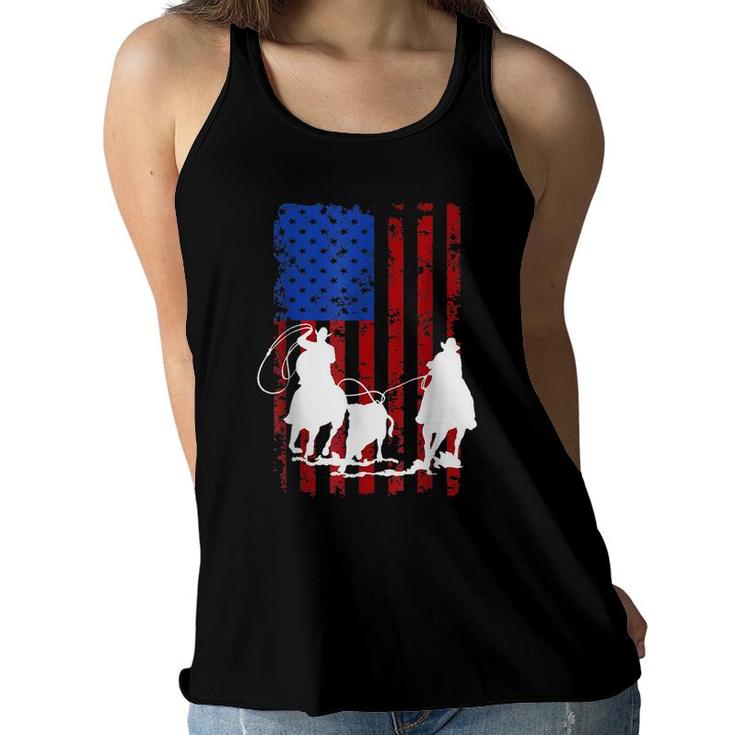 American Flag Team Roping Horse 4Th Of July Patriotic Usa  Women Flowy Tank