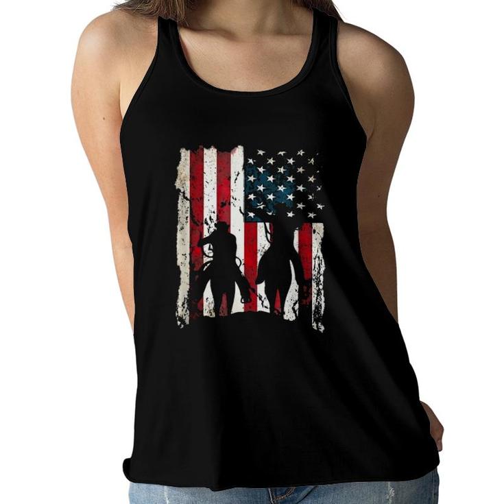 Independence Day Team Roping Cowboys July Of 4Th Us Flag Women Flowy Tank