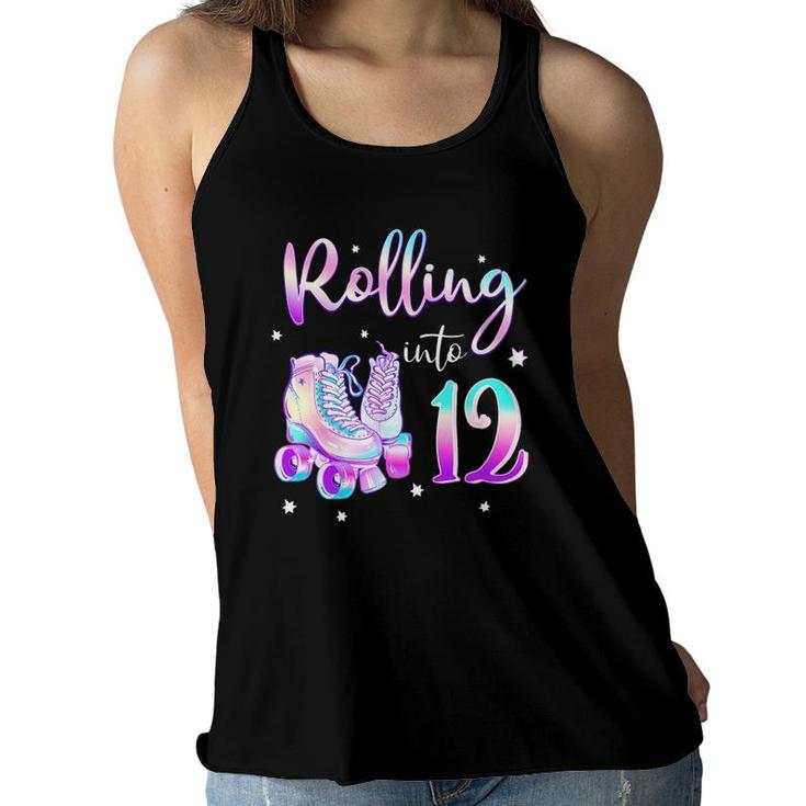 Kids 12 Years Old Birthday Girl Rolling Into 12Th Bday Theme Women Flowy Tank