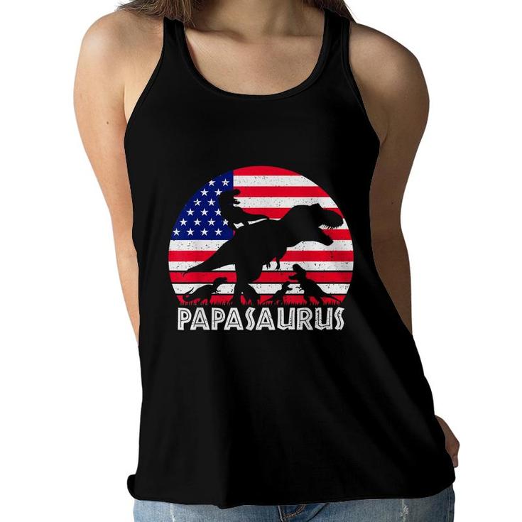 Papasaurus Rex Dad Of 4 Patriotic Usa Dinosaur Father   Women Flowy Tank
