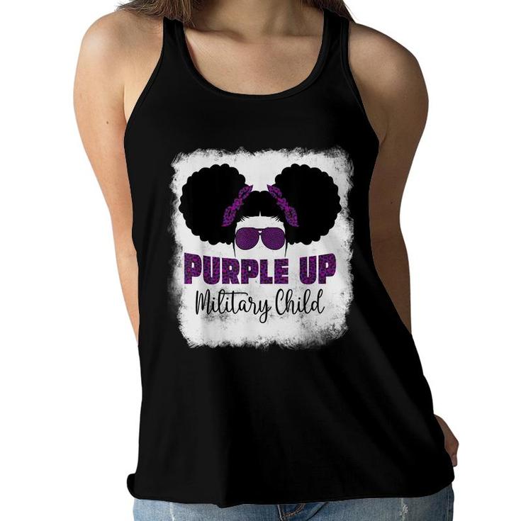 Purple Up For Kids Military Child Month Messy Bun Bleached  Women Flowy Tank