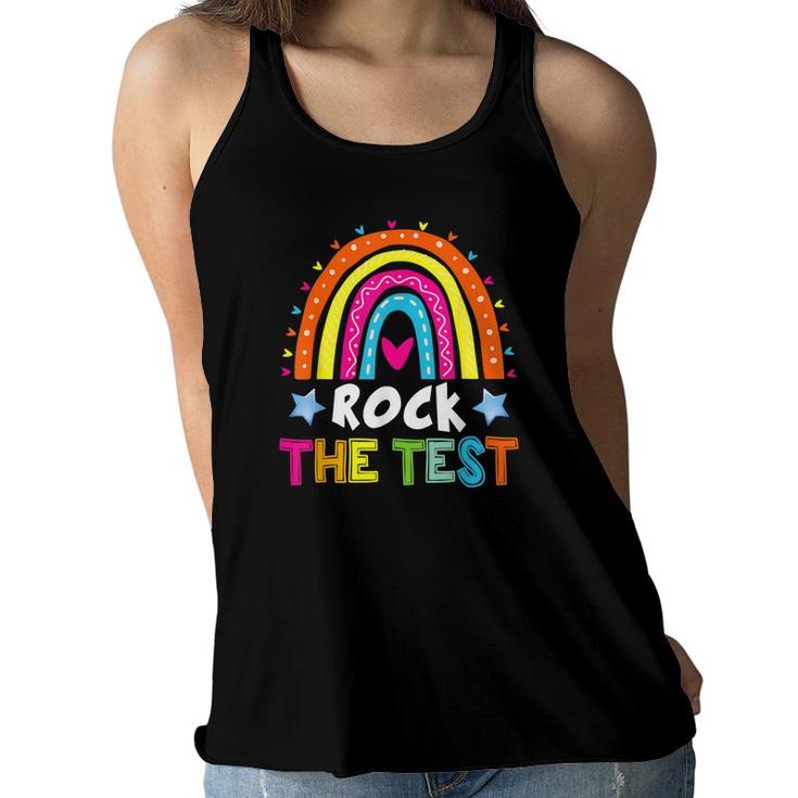 Test Day Rock The Test Teacher Testing Day Rainbow Cute Women Flowy Tank